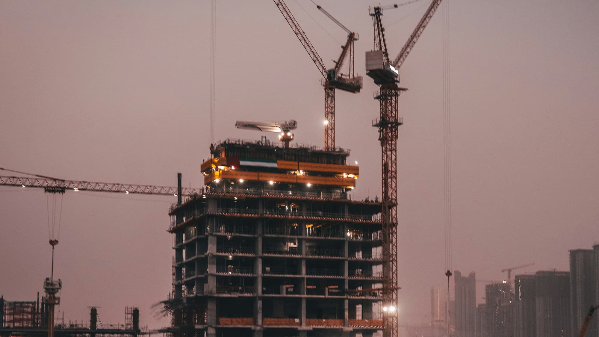 Skyline construction site at dusk